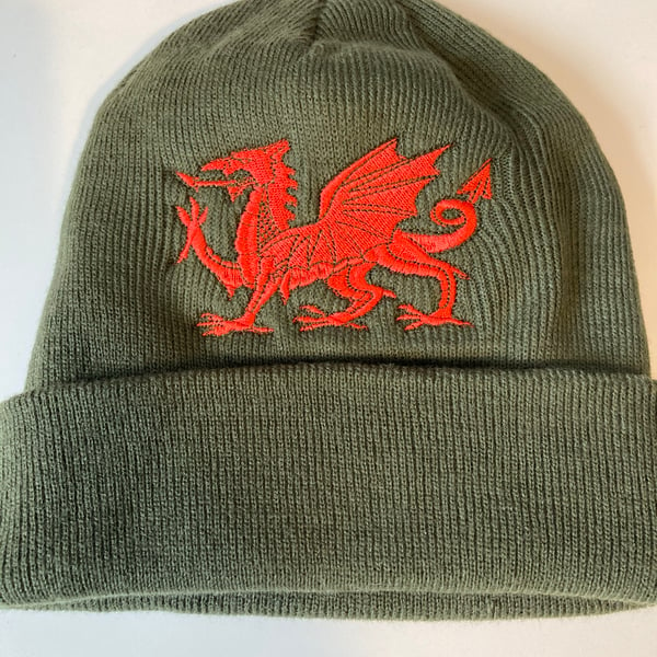 Beanie hat khaki  with Welsh Dragon 