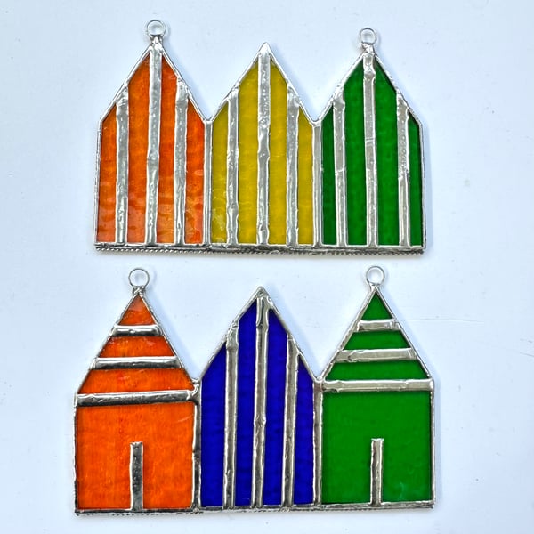 Stained Glass Suncatcher Beach Huts - Handmade Hanging Decoration - Red White