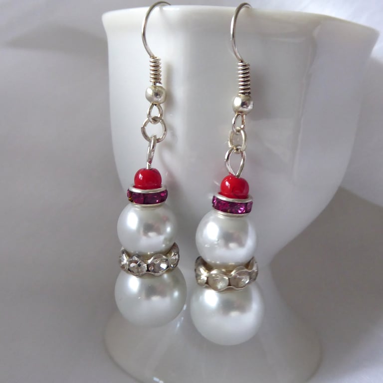 Christmas Bauble Snowman Earrings with Red Bobble Hat