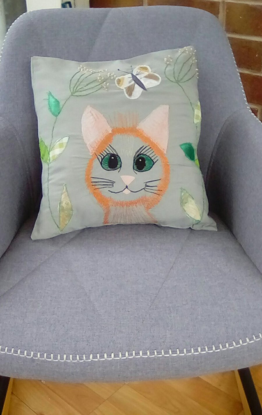 Grey Cat Cushion, Embroidered Cat Cushion
