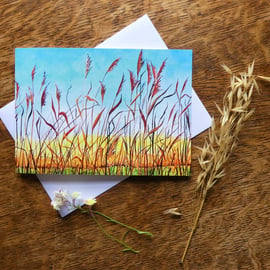 Summer Fen Reeds Field Landscape Greeting Card from Original Watercolour