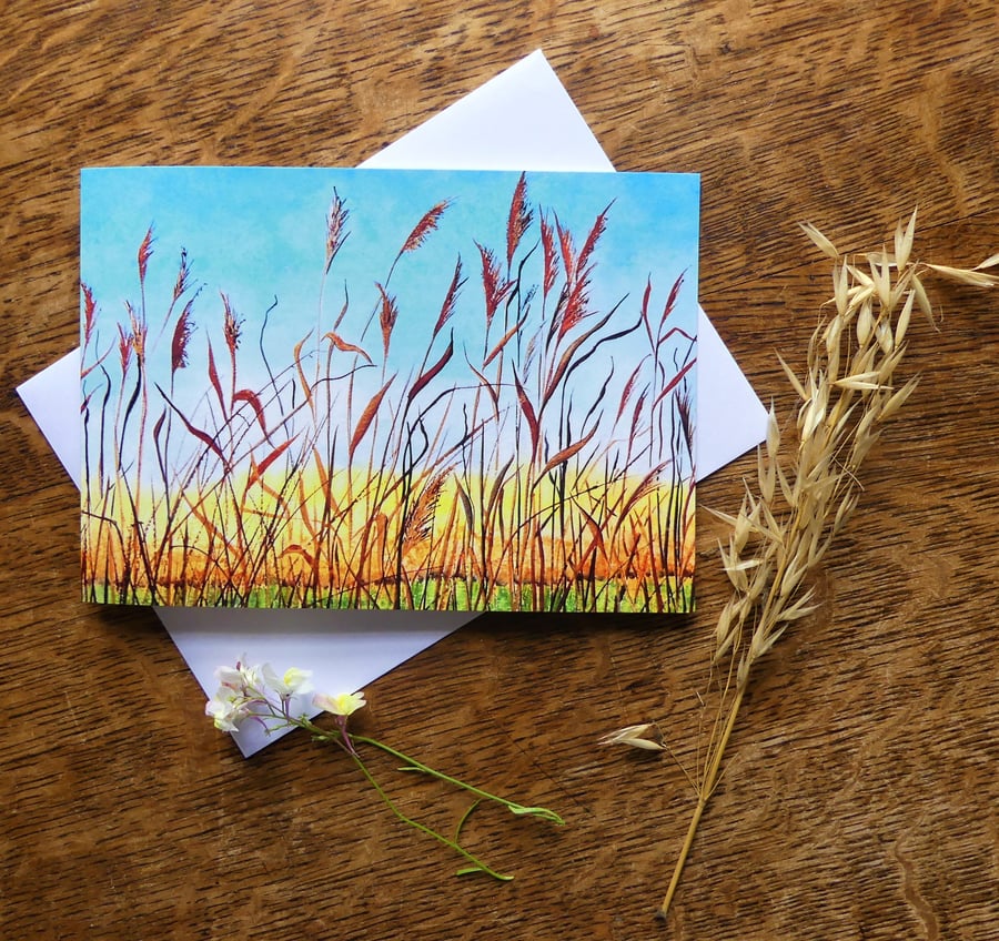 Summer Fen Reeds Field Landscape Greeting Card from Original Watercolour