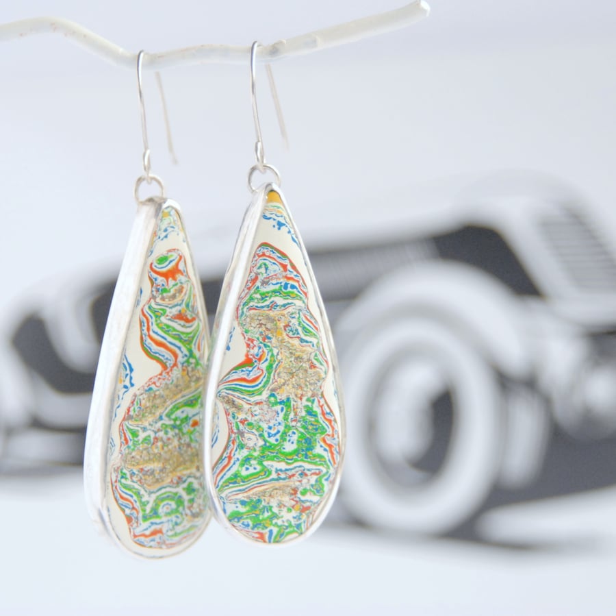 Boatite earrings - large cream and green marbled
