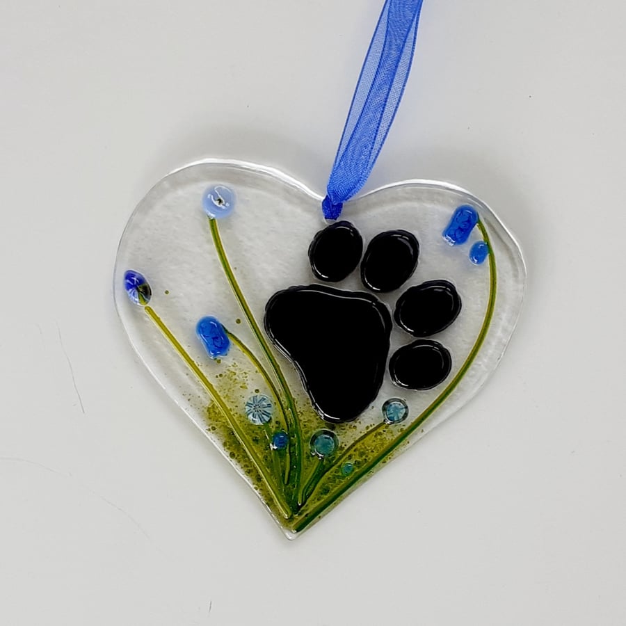 Fused glass hanging heart pet paw print memorial decoration, blue