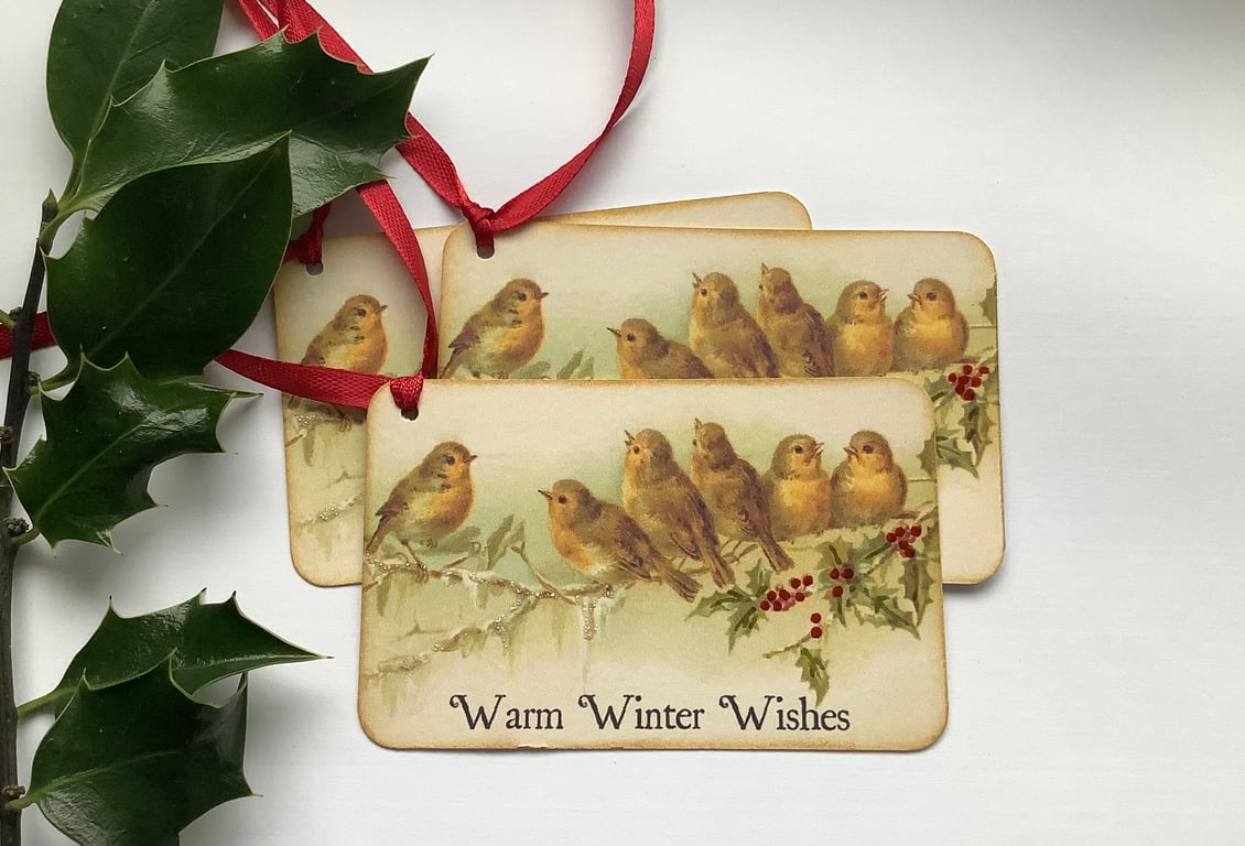 GIFT TAGS ( set of 3) ' Robins '.  Winter . Christmas . Vintage-style.
