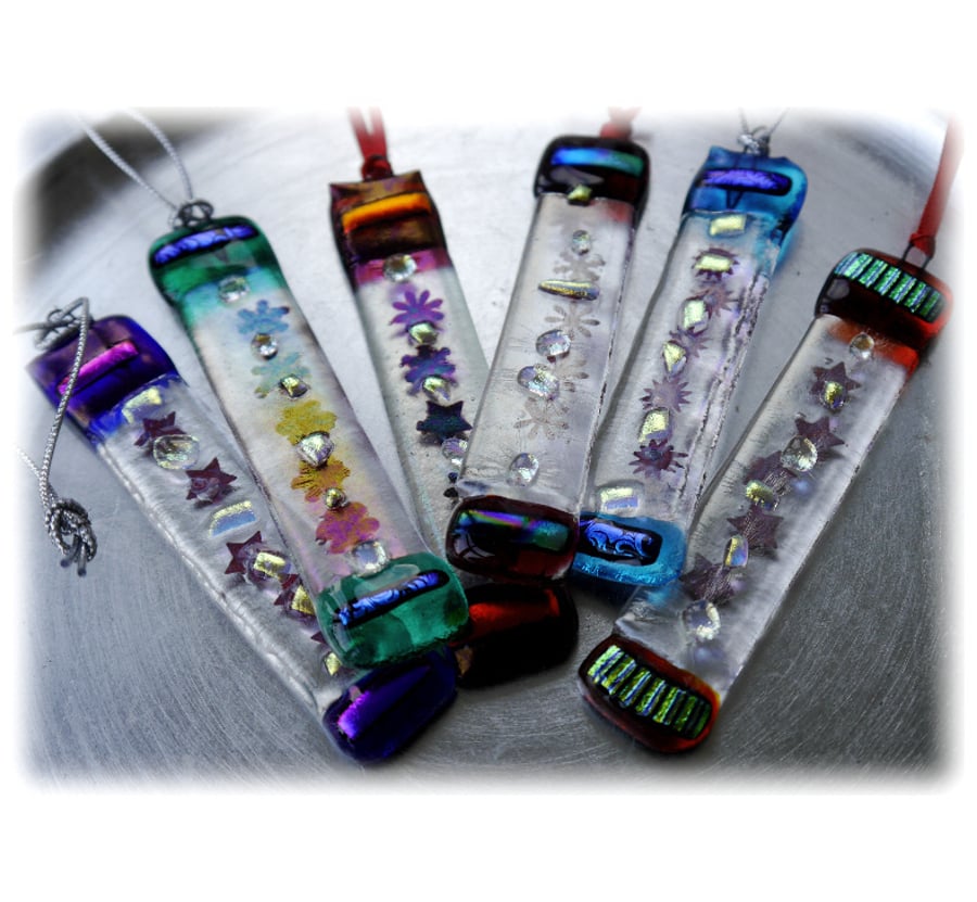 Star Sticks Fused Glass Hanging Decoration 10cm Dichroic 