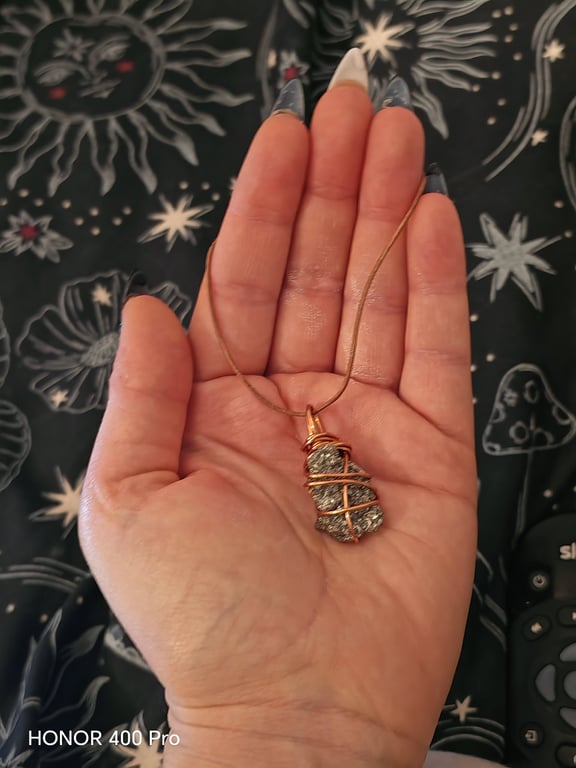 raw pyrite wire wrapped talisman necklace - handmade copper spiral  jewellery
