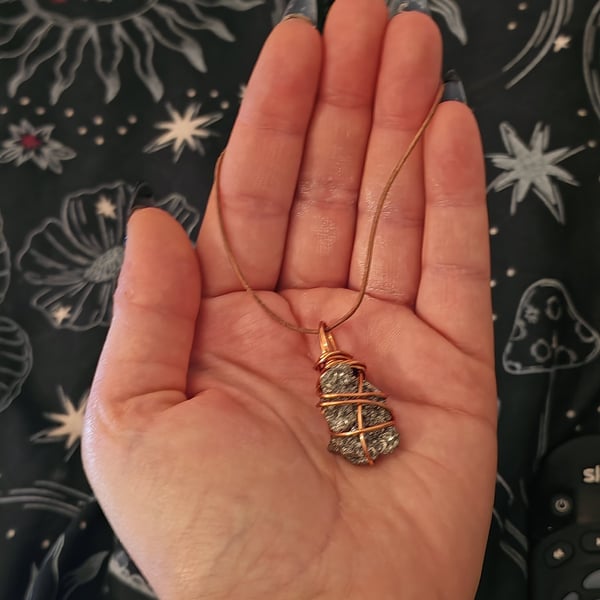 raw pyrite wire wrapped talisman necklace - handmade copper spiral  jewellery