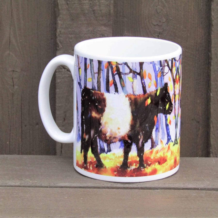 Belted Galloway Cow, Autumn Leaves, Ceramic Coffee Mug.