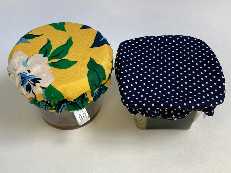 Small bowl covers for olives, dips or leftovers. Set of two yellow and navy.