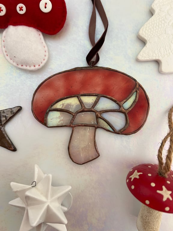 Red and copper stained glass mushroom toadstool - woodland decoration 