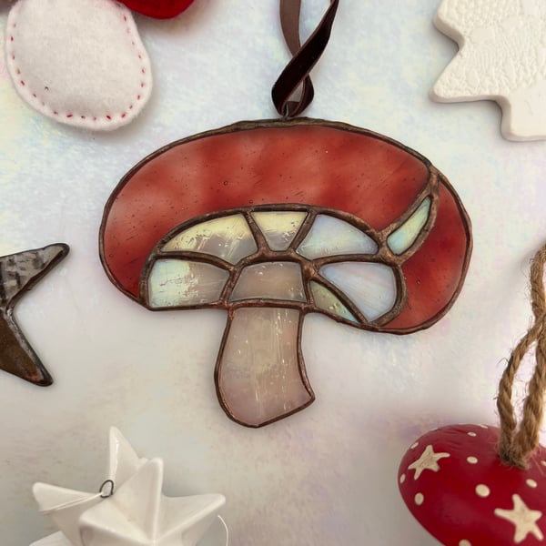 Red and copper stained glass mushroom toadstool - Christmas decoration 