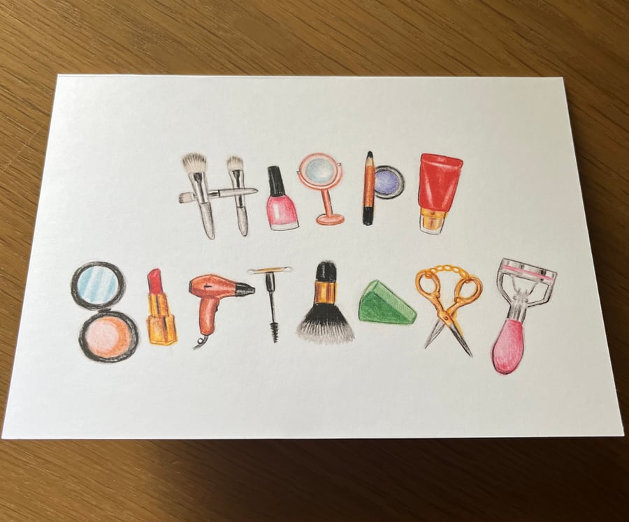 Teenager birthday card - beauty and make up objects- blank inside - 7x5 inches