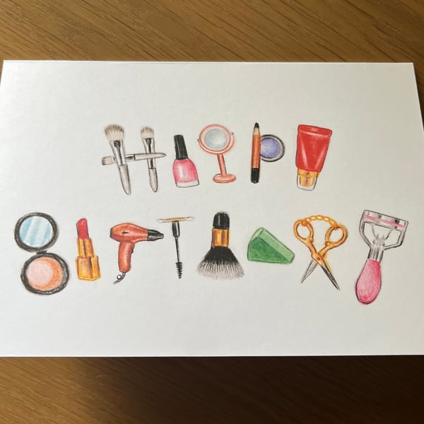 Teenager birthday card - beauty and make up objects- blank inside - 7x5 inches