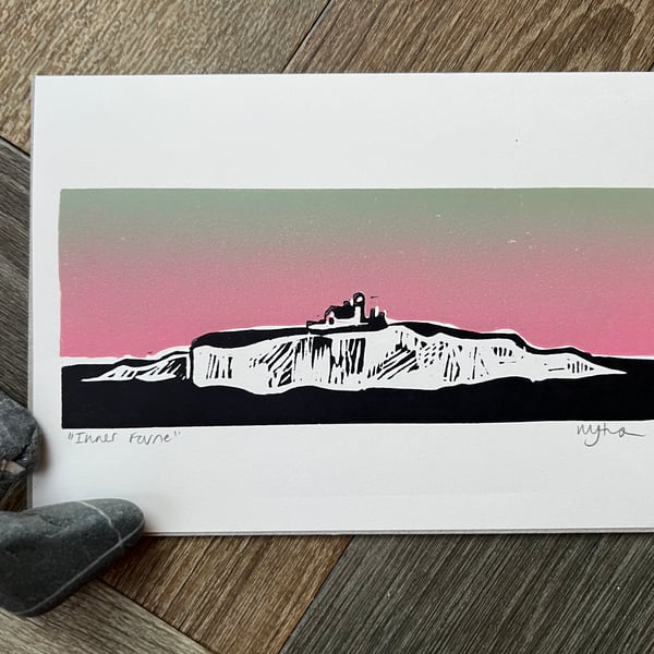 Inner Farne Original Lino Print Pink-Green Ombre