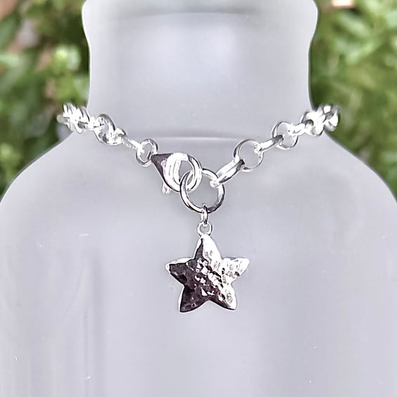 Hammered Star Sterling Silver Chunky Charm Bracelet 