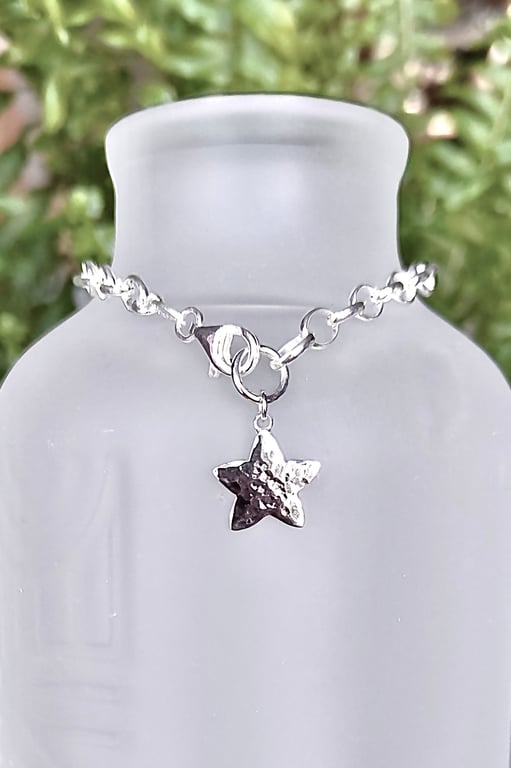 Hammered Star Sterling Silver Chunky Charm Bracelet 