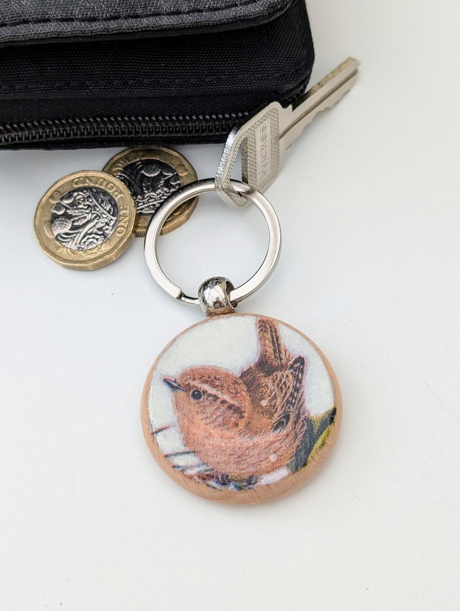 Wren keyring, wooden gift for a bird lover, Christmas stocking filler 