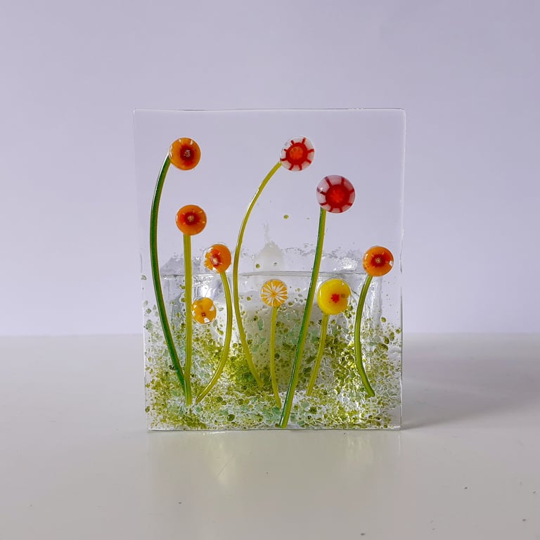 Fused glass tealight candle holder panel, mixed flowers