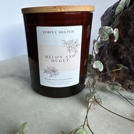 Melon and Muget Wood Wick Candle, Vegan Coconut Wax Crackle Wick Candle