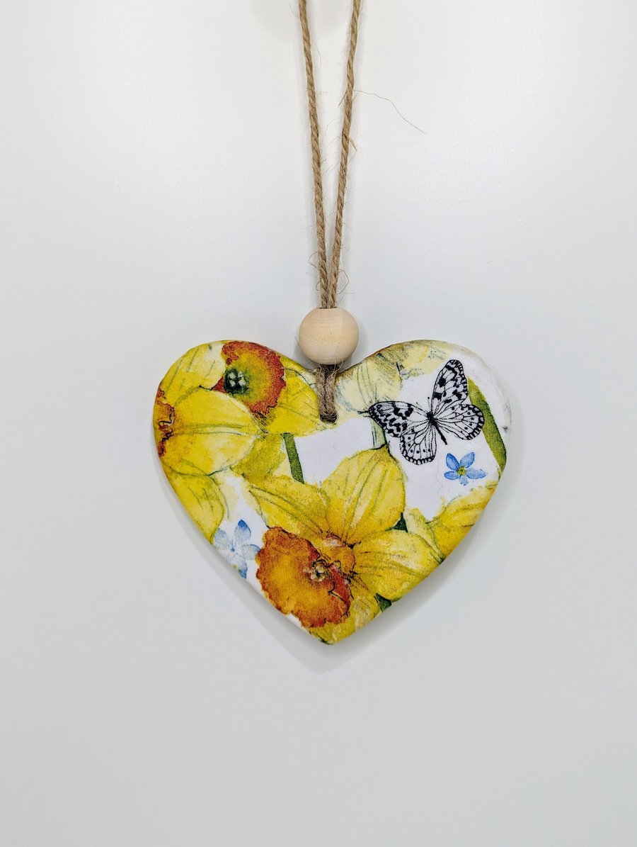Spring decor, daffodils clay heart hanging decoration, spring decoration