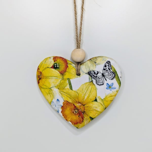 Daffodils clay heart hanging decoration, spring decoration gift for her