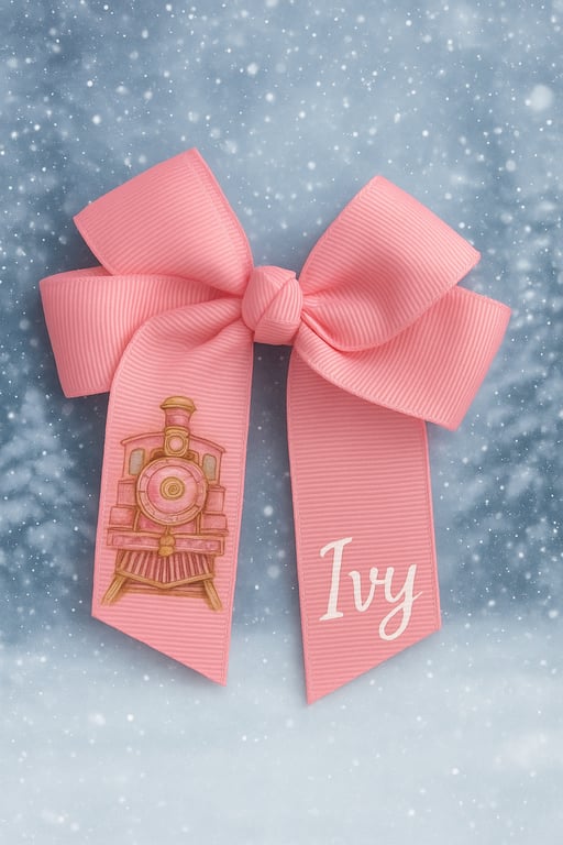 Personalised Pink Train Hair Bow Custom Name Ribbon Accessory for Girls 