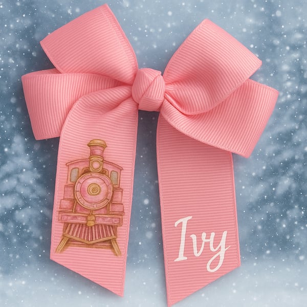 Personalised Pink Train Hair Bow Custom Name Ribbon Accessory for Girls 