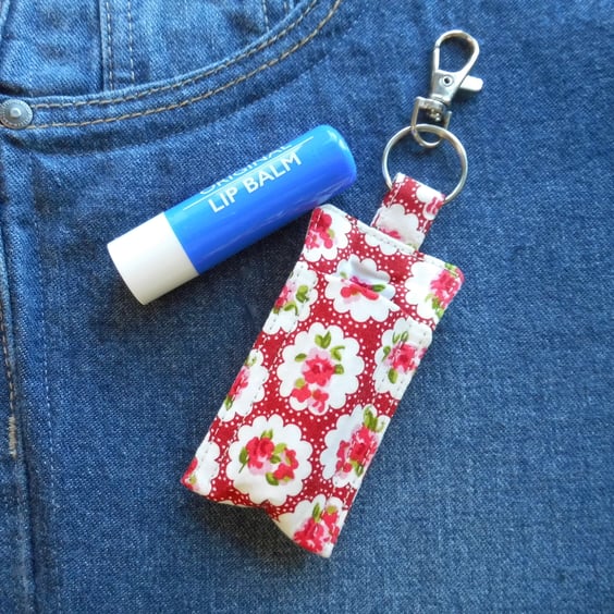 Key ring lip balm holder in red floral fabric keyring 