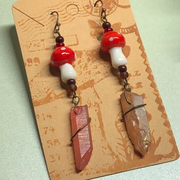 Red white mushroom crystal earrings