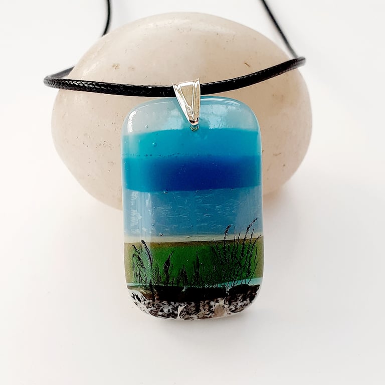 Fused Glass Pendant Necklace, Seascape