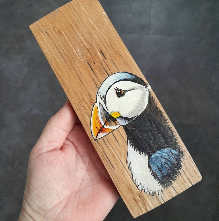 Hand Painted Reclaimed Whisky Barrel Stave - Puffin