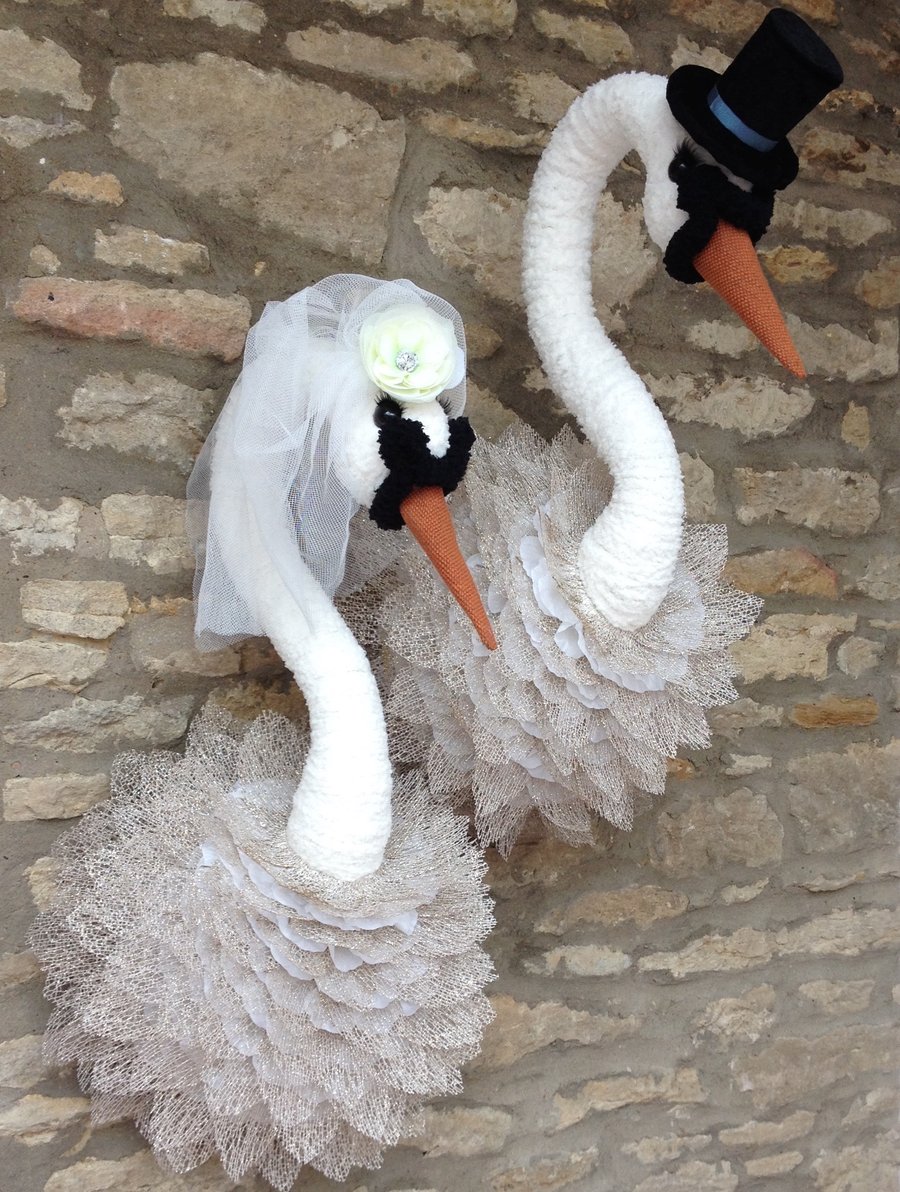 Handmade faux taxidermy Swan Bride & Groom wall mounted wedding gift decoration