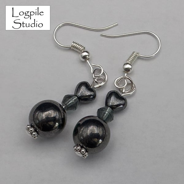 Handmade tiny heart earrings, dark blue, grey and silver