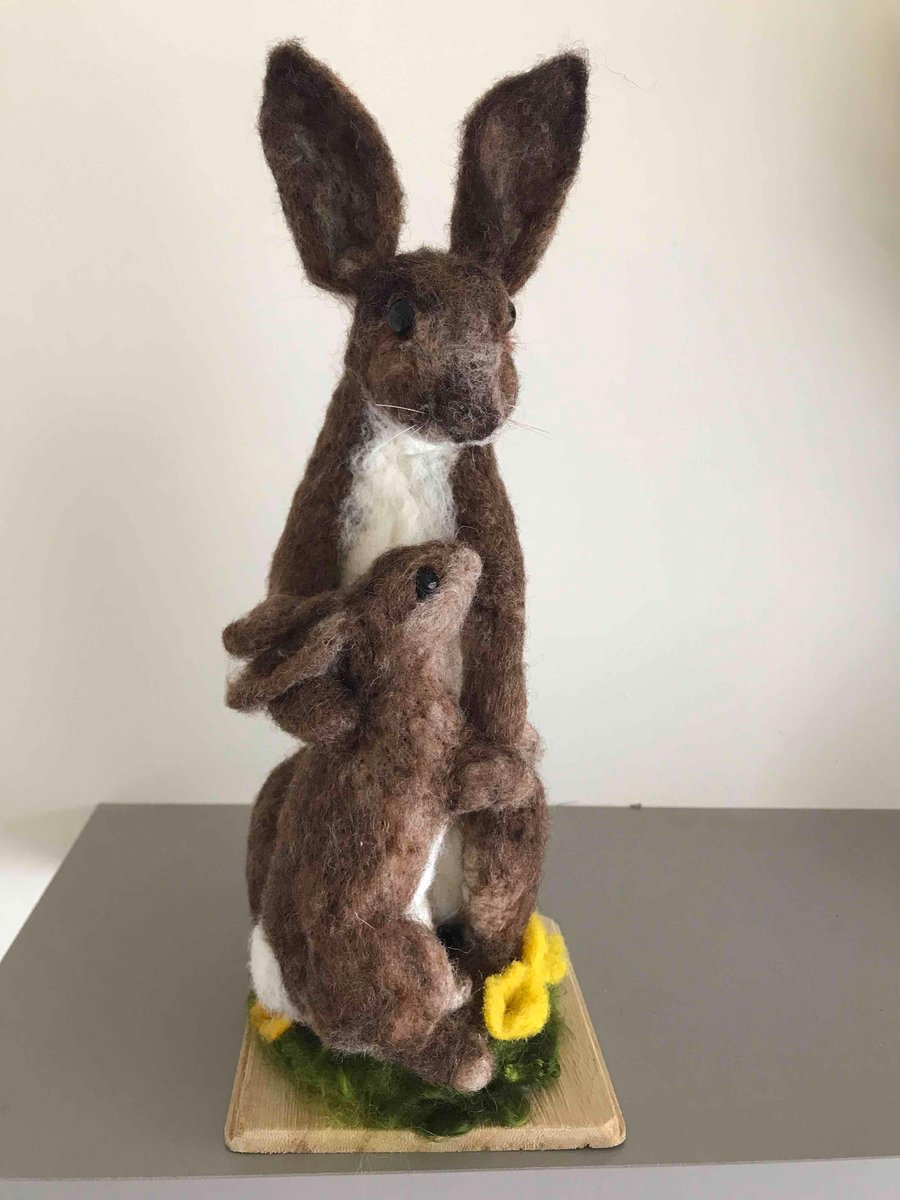 Needle felted rabbit with baby soft sculpture 