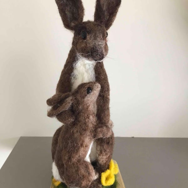 Needle felted rabbit with baby soft sculpture 