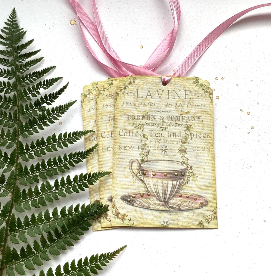 GIFT TAGS. Vintage -style.( set of 3) '  Elegance' . Teacup , roses. 