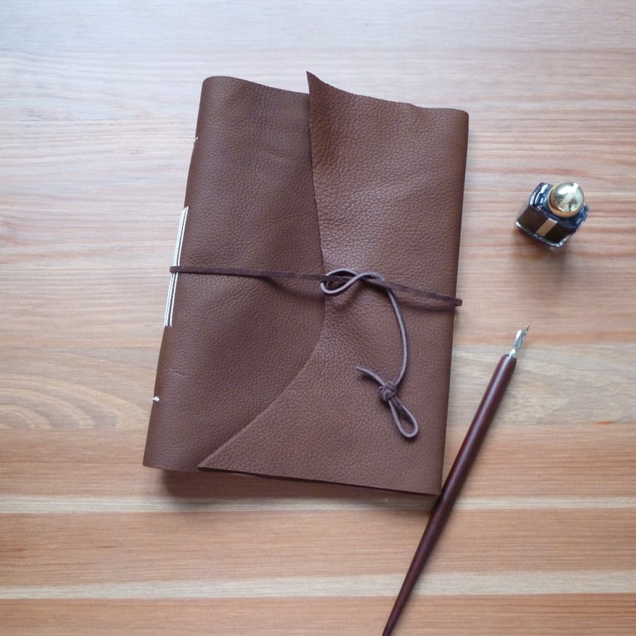 A5 hand bound leather journal, upcycled leather notebook, dark brown leather