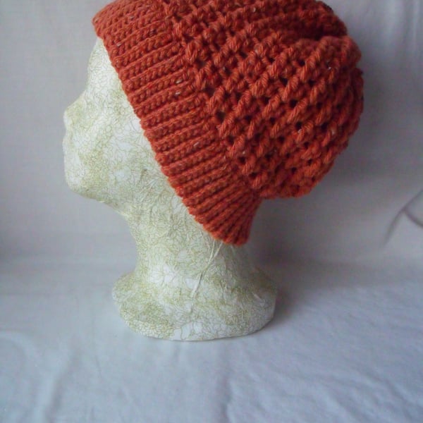 pumpkin coloured crocheted slouch beanie hat