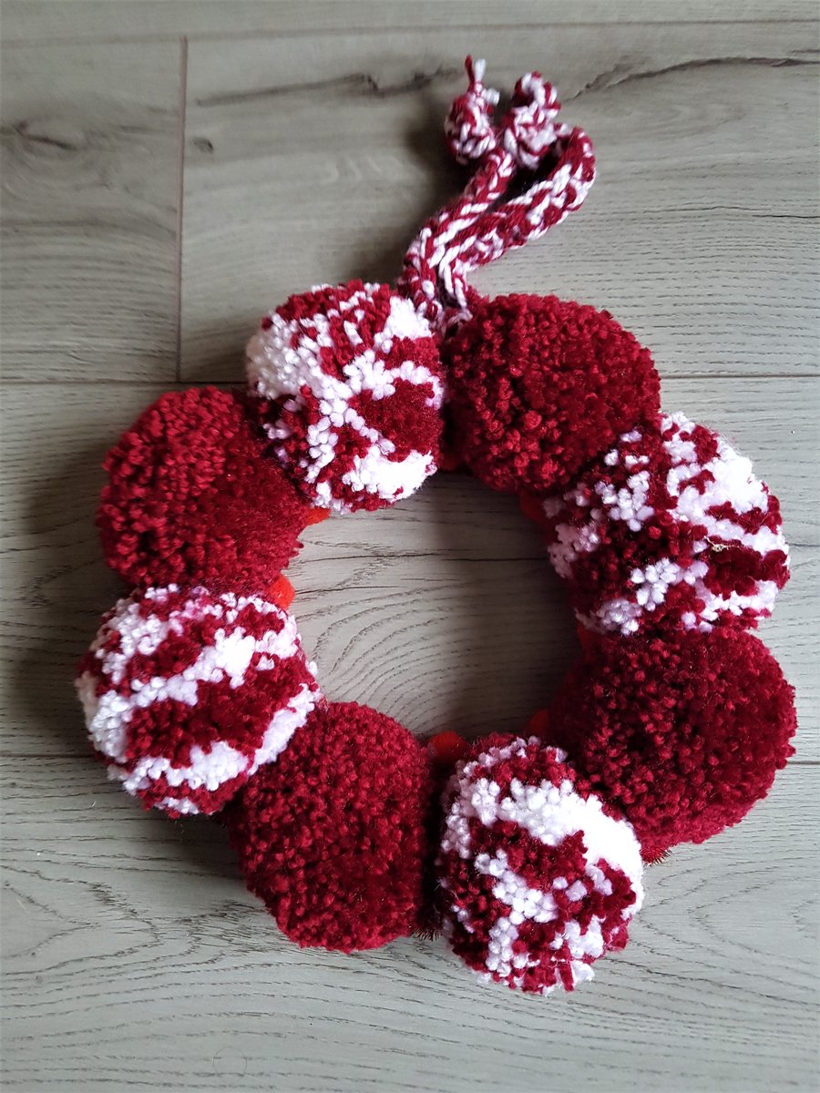 Red and White Pom Pom Wreath 32cms - 12inches