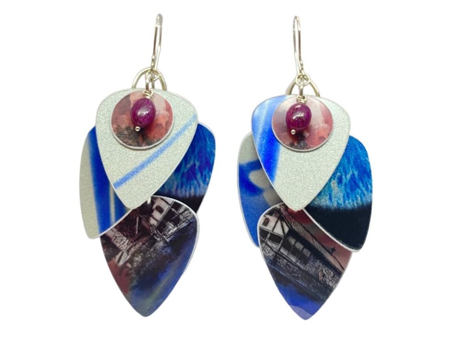 Recycled Blue Guitar Pick Earrings with Rubies