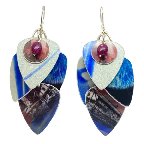 Recycled Blue Guitar Pick Earrings with Rubies