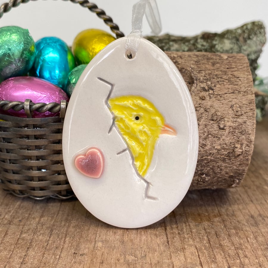 Pottery Easter Egg decoration chick in egg grey