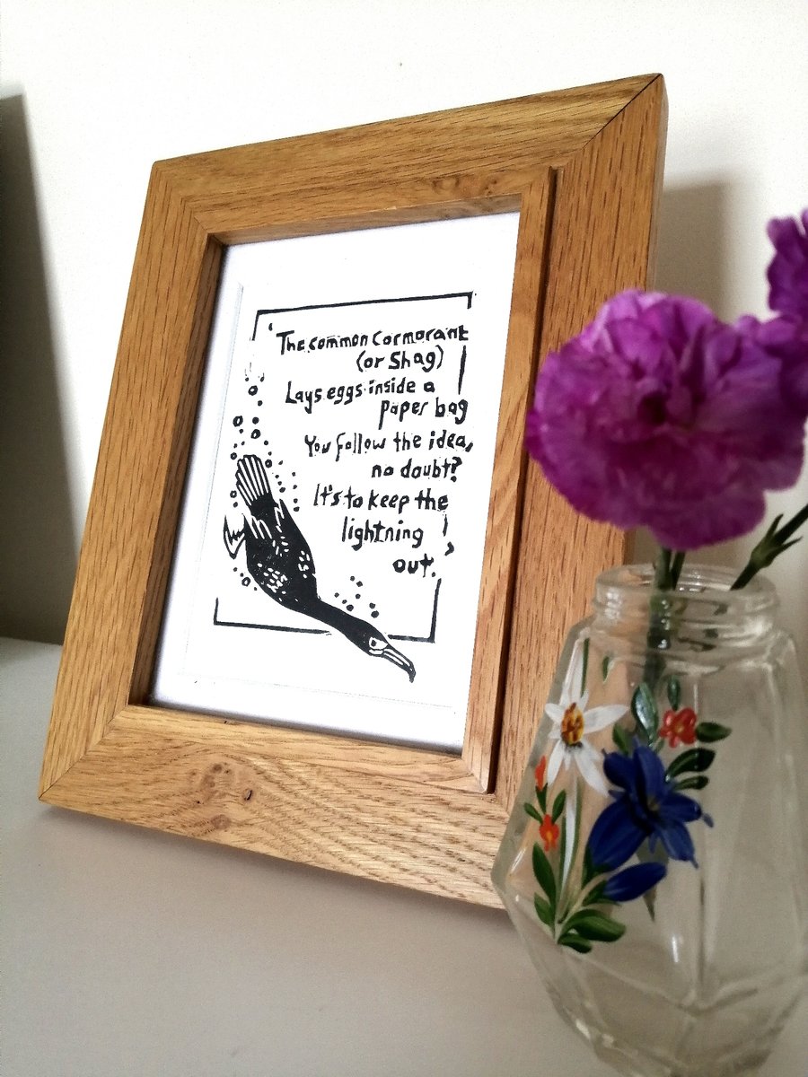 Handprinted Linocut Print - Cormorant Poem - A6
