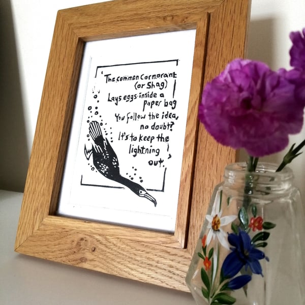 Handprinted Linocut Print - Cormorant Poem - A6