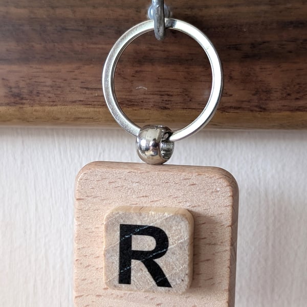 Alphabet letter tile wooden keyring - bagcharm - R
