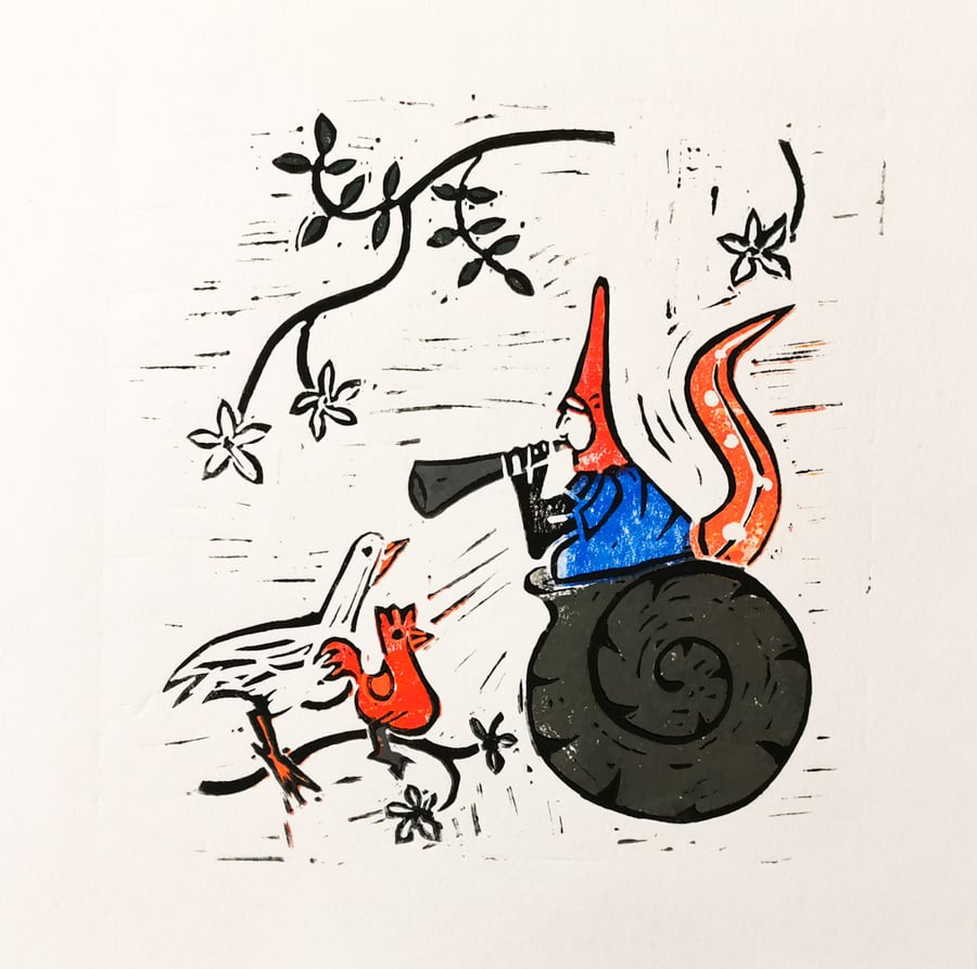 Snail-snake-man blowing a trumpet at a hen and a goose. linocut print.