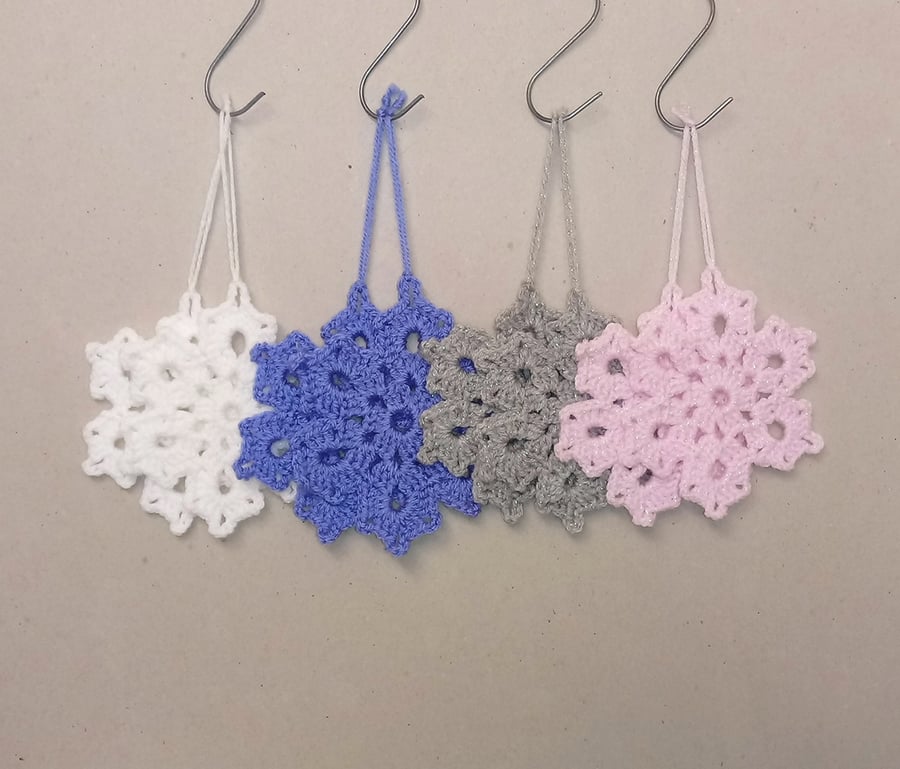 Snowflake Christmas decorations x 2, in pink, white, blue or grey, handmade