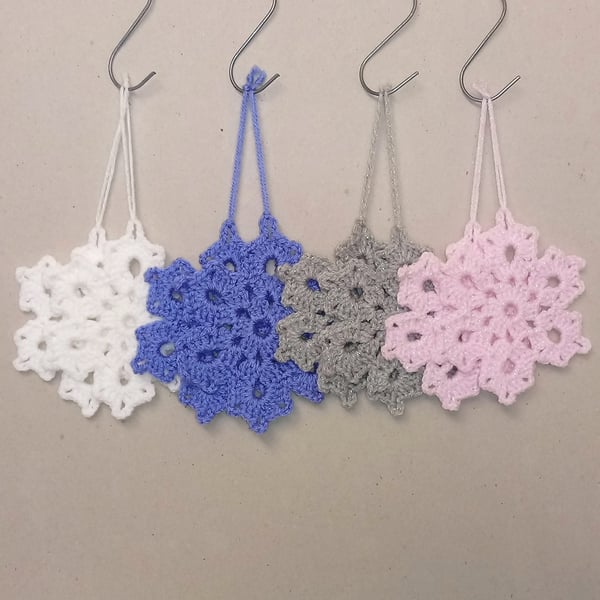 Snowflake Christmas decorations, set of 2, white, blue, grey or pink, handmade