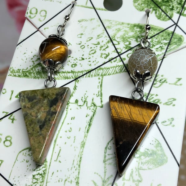 Mismatched triangle gemstone earrings - Agate, Unakite and Tigers Eye